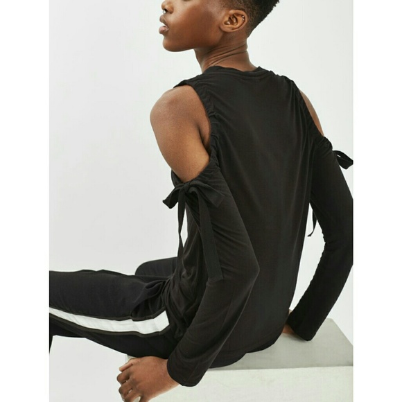 Topshop ruched tie cold shoulder top size 6 black - Picture 5 of 6